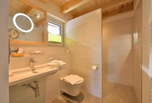 a bathroom with a sink and a toilet and a mirror at Chalets am Rößle in Todtmoos