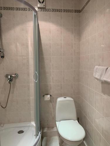 a bathroom with a white toilet and a shower at Hotel Promenade in Palanga