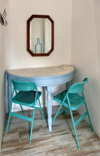 a blue table with two chairs and a mirror at Almar esclusivo e centrale in Camogli