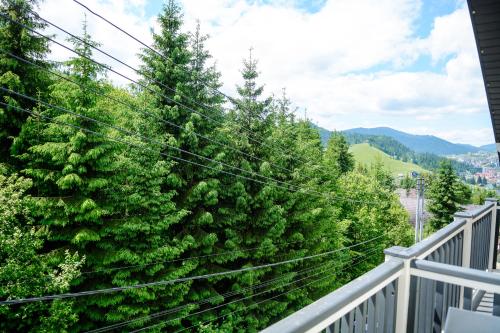 a balcony with a bunch of trees on a mountain at Севеней Готель in Bukovel