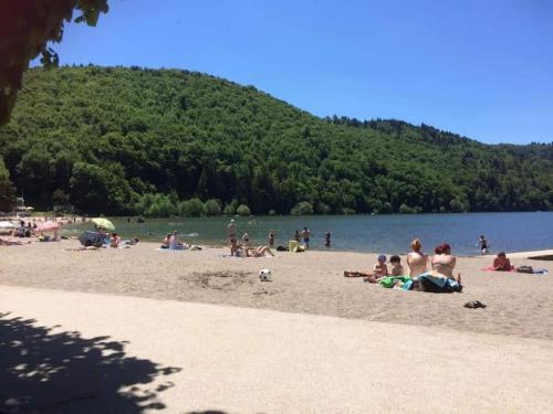 a group of people on a beach near the water at Gîte Frimousse les elfes in Murol