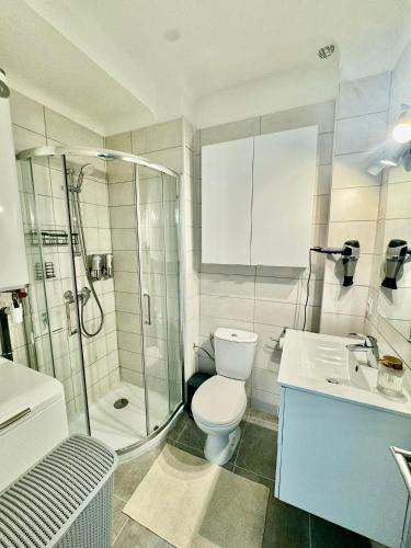 une salle de bain avec toilettes, douche et lavabo dans l'établissement Studio cosy à 5 min de la mer, à Villeneuve-Loubet