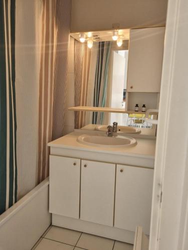 une salle de bain avec un lavabo et un miroir dans l'établissement Appartement du golf terrasse piscine tout à pied, à Ciboure