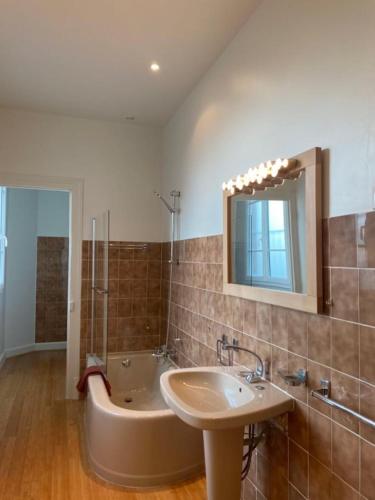 La salle de bains est pourvue d'un lavabo et d'une baignoire à côté d'un lavabo. dans l'établissement Appartement Brasserie du Jard 2 chambres, à Châlons-en-Champagne