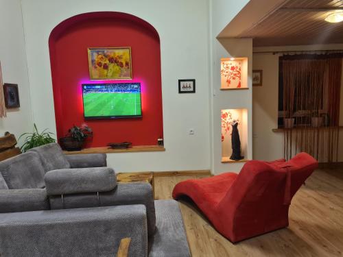a living room with a couch and a tv on a wall at Dom z Klimatem in Wałbrzych