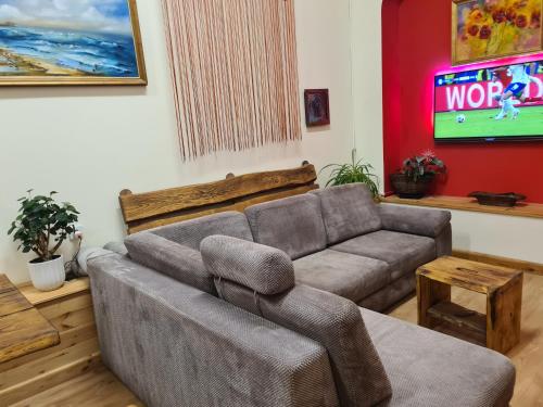 a living room with a couch and a tv at Dom z Klimatem in Wałbrzych