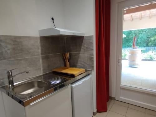 une cuisine avec un évier et un plan de travail dans l'établissement Plénitude, à Saint-Sernin