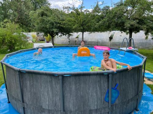 un groupe de personnes nageant dans une grande piscine dans l'établissement Gîte des 3 vallées, à Pitres