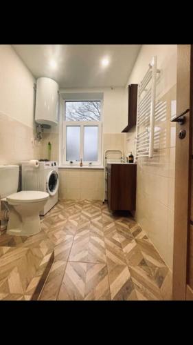a bathroom with a toilet and a washing machine at Tikrai nelis in Liepāja