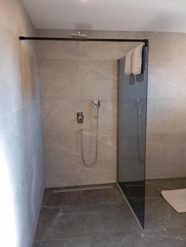 a shower with a glass door in a bathroom at REAL apartment in Sarajevo