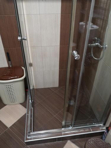 a shower with a glass door next to a toilet at Seaview apartment complex Karia12 in Kavarna