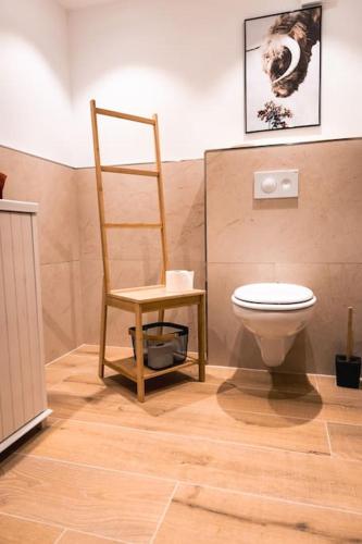 a bathroom with a ladder next to a toilet at Auszeit Altenhorst, Bauernhaus in Schalksmühle