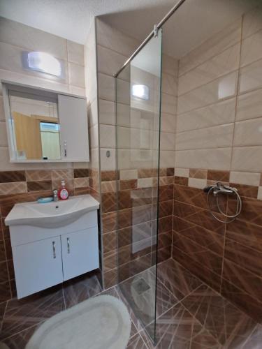 a bathroom with a shower and a toilet and a sink at Apartman Nisić in Soko Banja