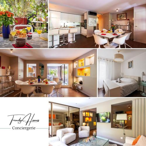 un collage de photos d'un salon et d'une cuisine dans l'établissement Montpellier-2chambres-Grande terrasse-Garage, à Montpellier