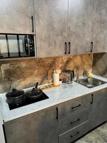a kitchen with two pots on a counter next to a sink at Tropical garden apartments in Batumi