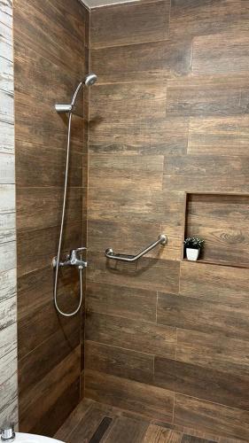a shower in a bathroom with a wooden wall at HolaCentro in General Roca