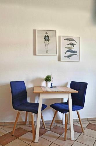 a dining room table with two blue chairs at FeWo Dänholm Alte Schule Barlin Mecklenburg Pool in Dargun