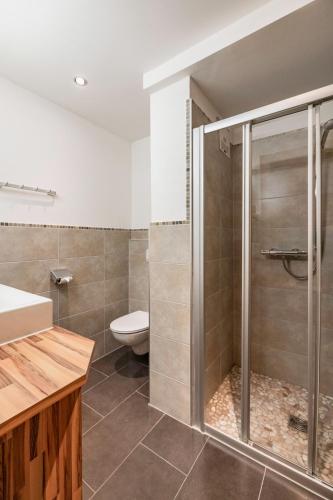 a bathroom with a shower and a toilet at nawu apartments & Restaurant in Hermagor
