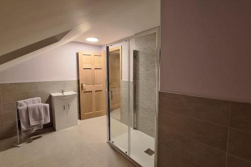 a bathroom with a walk in shower and a sink at Ballnamona house in Cong
