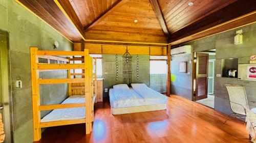 a bedroom with a bunk bed and a ladder at Shuizhong Yue Homestay in Guoxing
