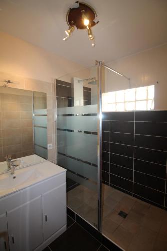 une salle de bain avec une douche en verre et un lavabo dans l'établissement Chau, à Valras-Plage