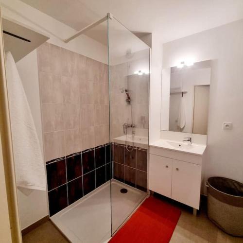 une salle de bain avec une douche, un lavabo et un miroir dans l'établissement Ce jolie appartement de 45 m2, à Perpignan