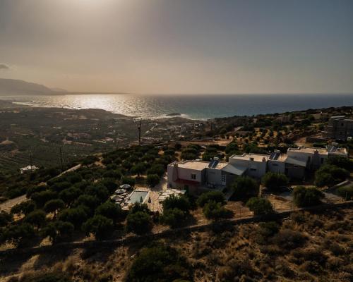 an aerial view of a city and the ocean at Villa Aktis with Freshwater Pool and Sea View in Sissi