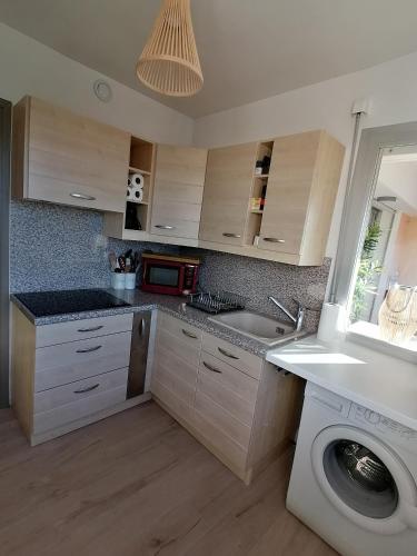 une cuisine avec un évier et une machine à laver dans l'établissement Idéalement placé ,tout a pied ,parking, à Six-Fours-les-Plages