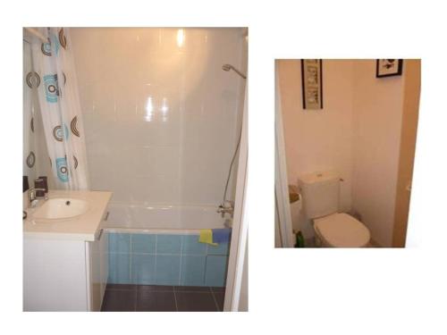 une salle de bain avec un lavabo, une douche et des toilettes dans l'établissement Beau T2 proche plages et montagnes du Pays-Basque, à Ahetze