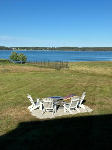 - une table de pique-nique et des chaises avec vue sur l'eau dans l'établissement Hard Aground - Ocean View - Pet Friendly! SWH, à Southwest Harbor