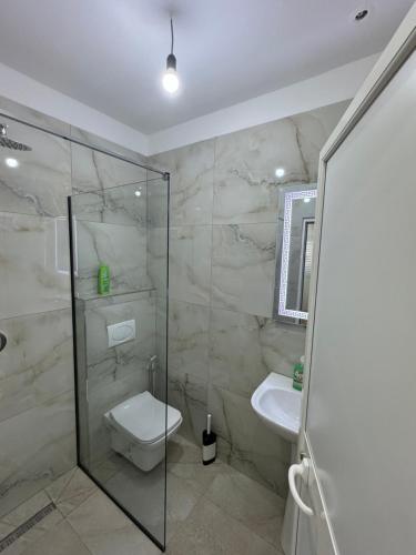 a bathroom with a shower and a toilet and a sink at Restorant Hotel Niku in Durrës