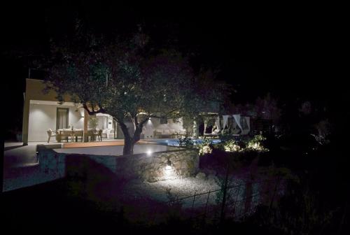 a house at night with a tree and lights at Villa Mourelo luxury villa in chania with private pool jacuzzi in Chania Town