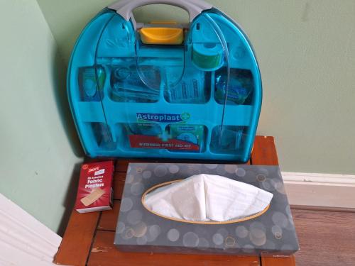 a blue toy car is sitting on a table at 'Aandal House' Bournemouth' in Parkstone