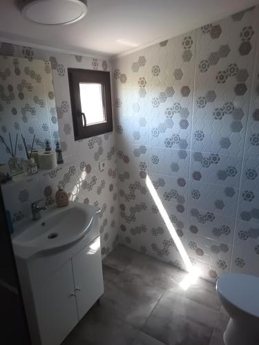 a bathroom with a white sink and a window at La Prietenicu in Murighiol