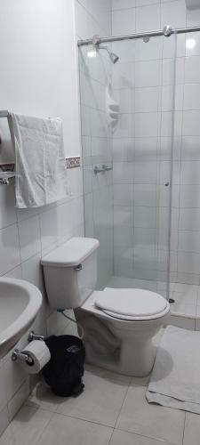a bathroom with a toilet and a glass shower at San Juan Del Lago in Pereira