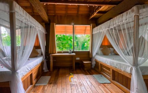 two beds in a room with a window at Habarana Tree House Ambasewana Resort in Habarana