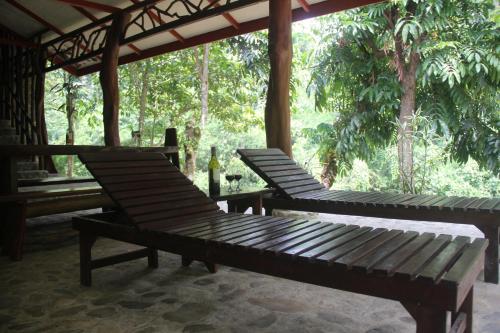 two wooden benches sitting on a porch with trees at Rinte Green Village & Bukit Lawang Jungle Trekking in Bukit Lawang