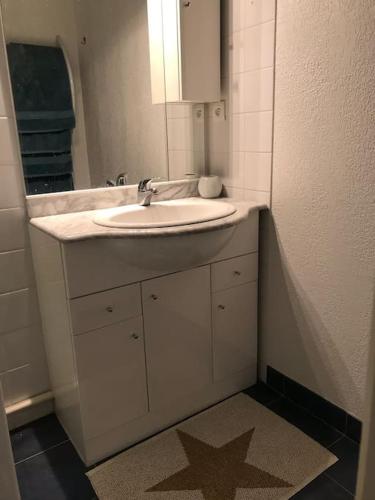 une salle de bain avec un lavabo et un miroir dans l'établissement Appartement T2 Les papillons, à Arcachon