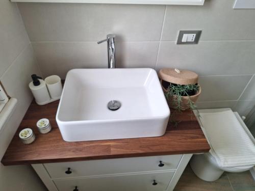 a bathroom with a white sink on a wooden counter at Casa vacanze green house in Terrasini