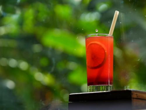 a red drink with a wooden straw in a glass at Sort By Stays, Grand Peddem, Anjuna in Goa