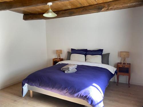 a bedroom with a bed with blue and white sheets at Chez Odette chambre Erable et Glycine in Esnoms-au-Val