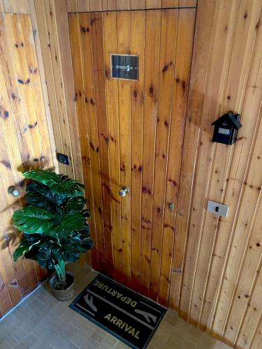 a wooden wall with a plant in front of it at Artemide Domus in Pescocostanzo