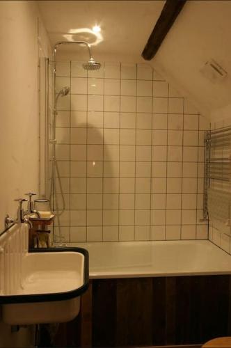 a bathroom with a tub and a sink and a shower at Picturesque costal cottage, quite and peaceful in Saint Dogmaels