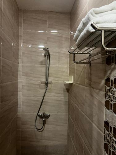 a bathroom with a shower with a towel rack at Ramis Serviced Apartments in Buraydah