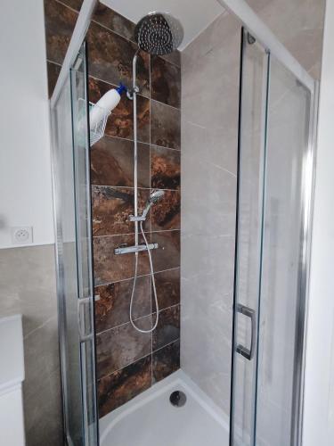 une douche avec pommeau de douche dans une salle de bain dans l'établissement Le Bohème, à Ravilloles