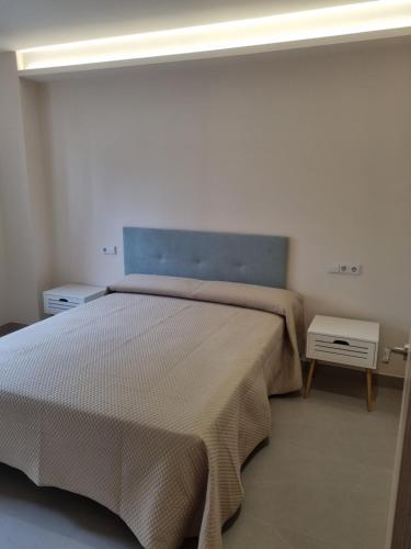 a bedroom with a large bed with a blue headboard at ASTURES Viviendas Turísticas in Oviedo
