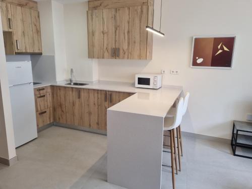 a kitchen with wooden cabinets and a white microwave at ASTURES Viviendas Turísticas in Oviedo