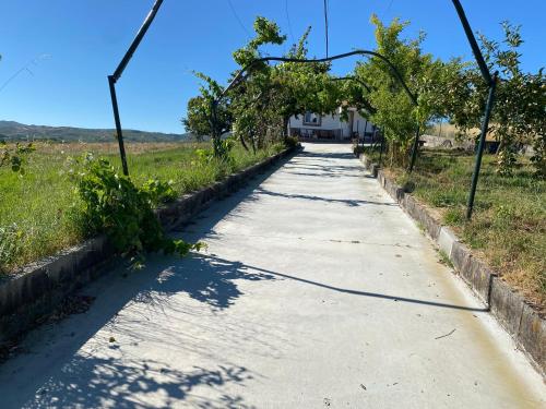 an empty road with trees and a house in the distance at “Casa abella “ in La Magdalena