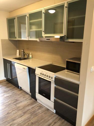a kitchen with a white stove and a sink at Centrum Box in Oslo