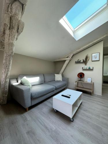 - un salon avec un canapé et une lucarne dans l'établissement Joli petit logement avec fraîcheur et confort, à Lescure-dʼAlbigeois